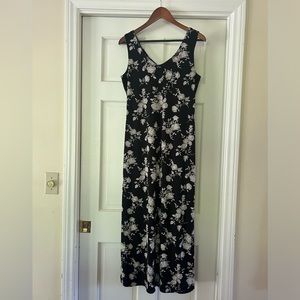 Vintage Black Floral Print V-Neck Maxi Dress